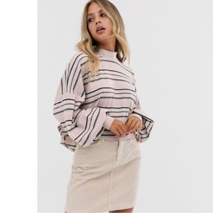 NWT Free People Steph Mock Neck Pink Stripped Balloon Sleeve Sweater Top Size XS